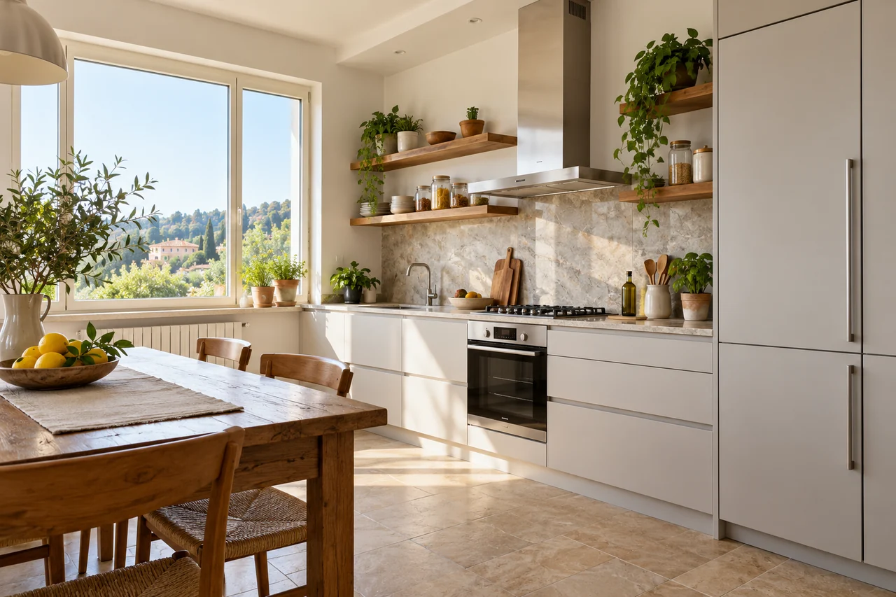 Cucina luminosa con frigorifero integrato e piano cottura